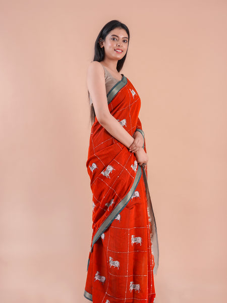 Alina | RED PICHWAI CHANDERI SAREE WITH EMBROIDERY KANTHA