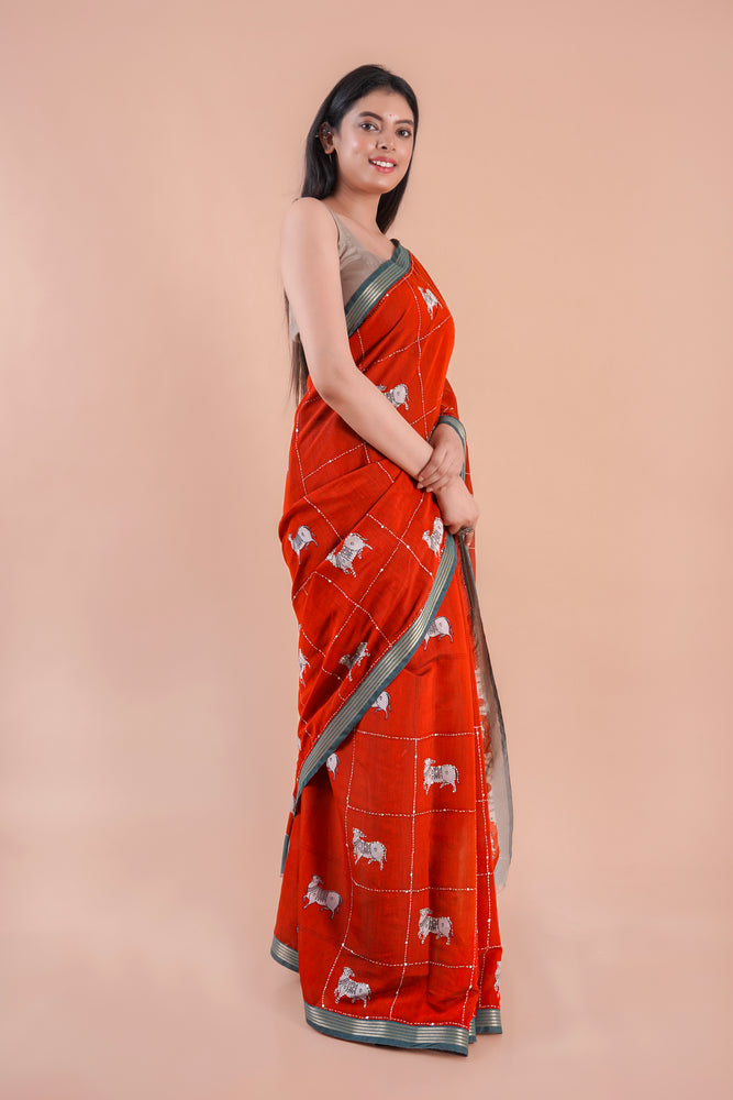 Alina | RED PICHWAI CHANDERI SAREE WITH EMBROIDERY KANTHA