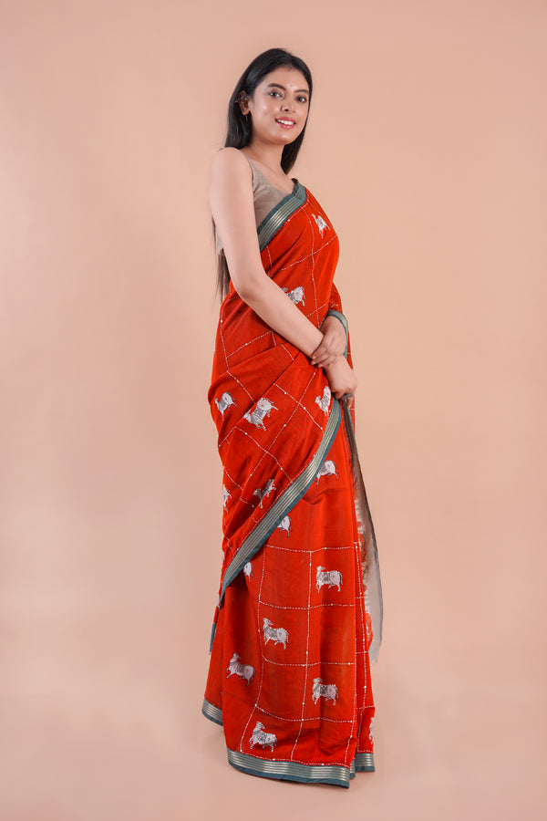 Alina | RED PICHWAI CHANDERI SAREE WITH EMBROIDERY KANTHA