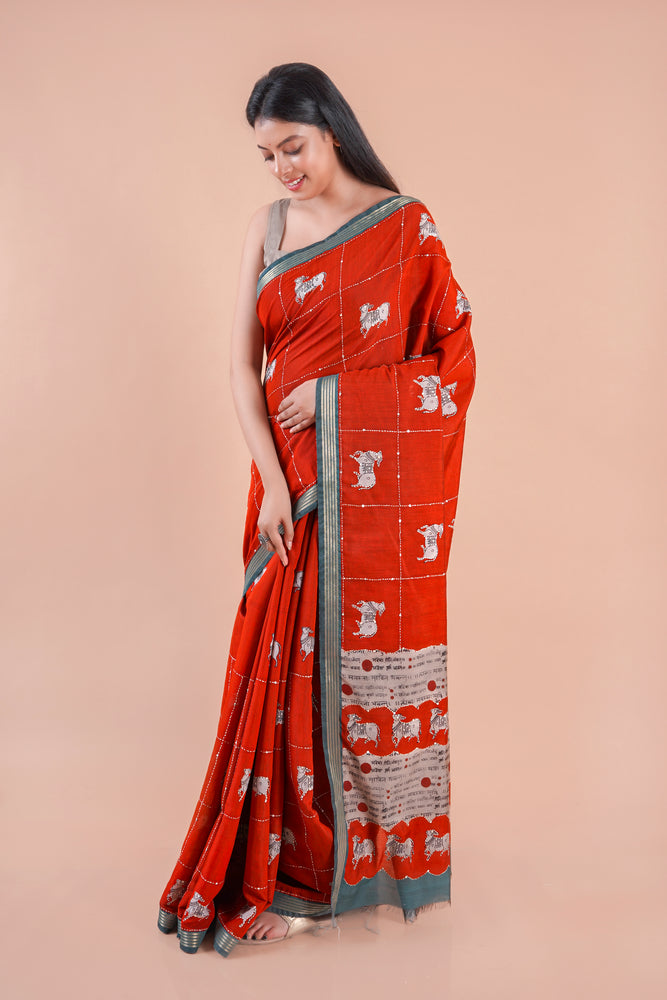 Alina | RED PICHWAI CHANDERI SAREE WITH EMBROIDERY KANTHA
