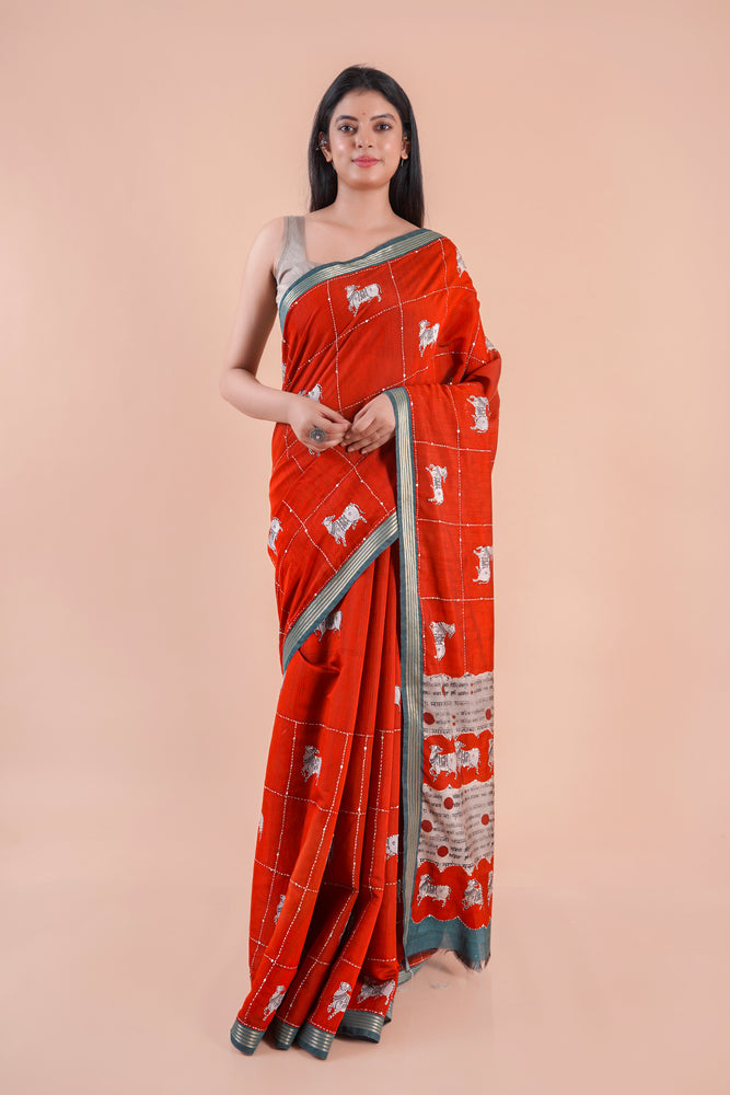 Alina | RED PICHWAI CHANDERI SAREE WITH EMBROIDERY KANTHA