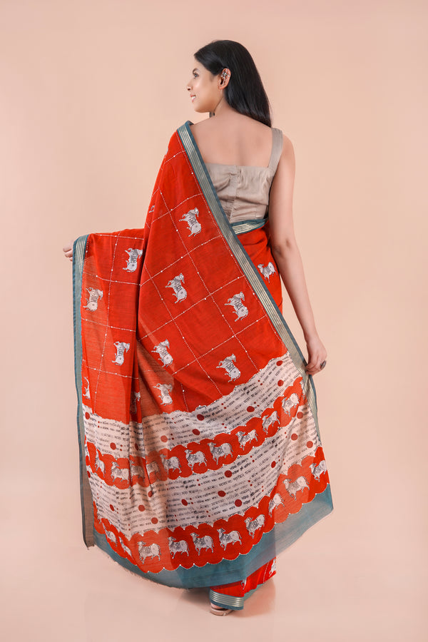 Alina | RED PICHWAI CHANDERI SAREE WITH EMBROIDERY KANTHA