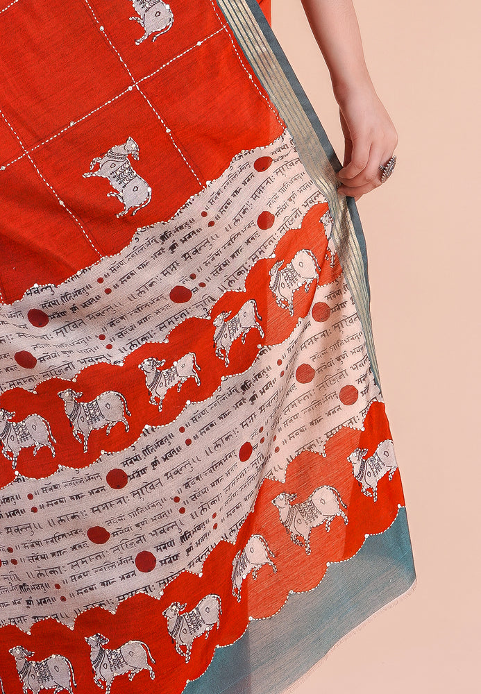 Alina | RED PICHWAI CHANDERI SAREE WITH EMBROIDERY KANTHA