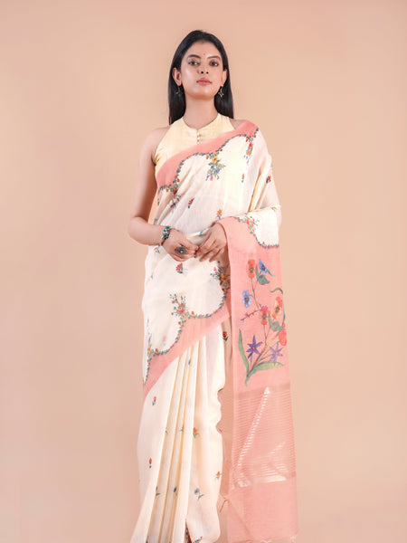 Sand Dune | Beige Floral Printed Khaddi LInen Saree
