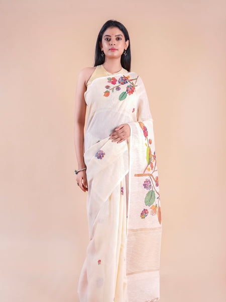 Autumn Haze | White Floral Printed Khaddi LInen Saree