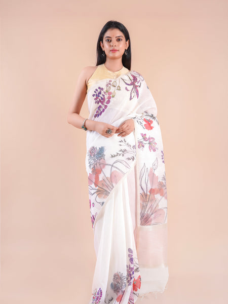 Forest Whisper | White Floral Printed Khaddi LInen Saree