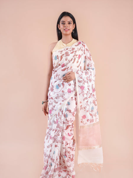 River Stone | White Floral Printed Khaddi LInen Saree