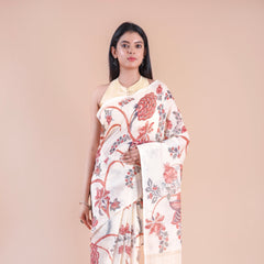 Golden Meadow | White Floral Printed Slub Linen Saree
