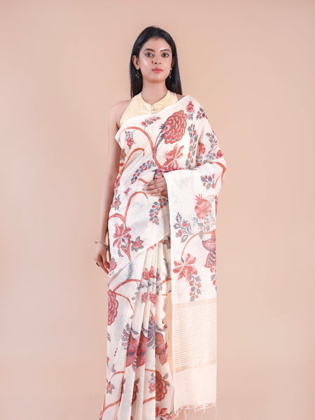 Golden Meadow | White Floral Printed Khaddi LInen Saree
