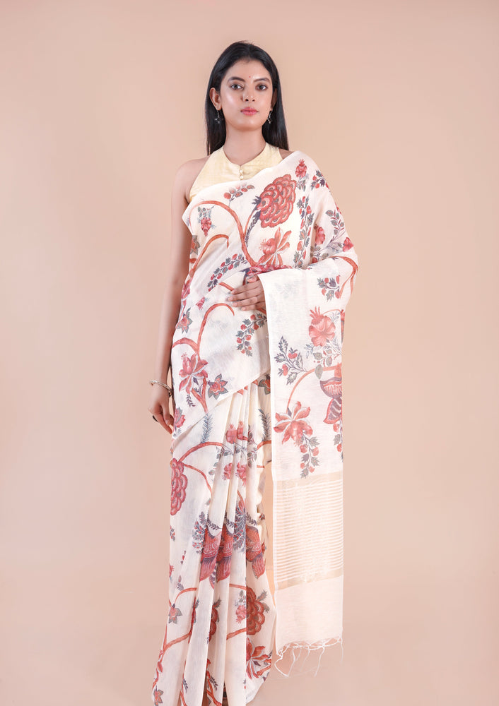Golden Meadow | White Floral Printed Slub Linen Saree