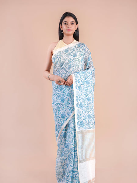 Dewdrop | White Floral Printed Khaddi LInen Saree