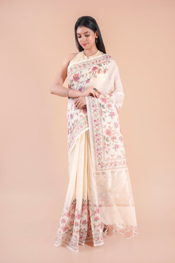 Wild Jasmine | White Floral Printed Khaddi LInen Saree