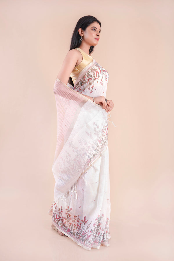 White Magnolia | White Floral Printed Khaddi LInen Saree