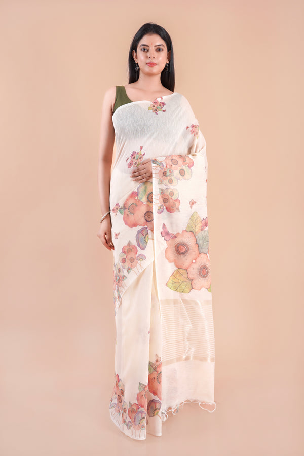 Golden Marigold | Beige Floral Printed Khaddi LInen Saree