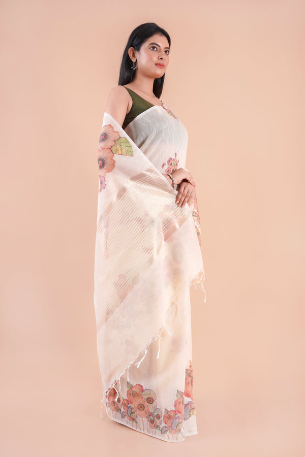 Golden Marigold | Beige Floral Printed Khaddi LInen Saree