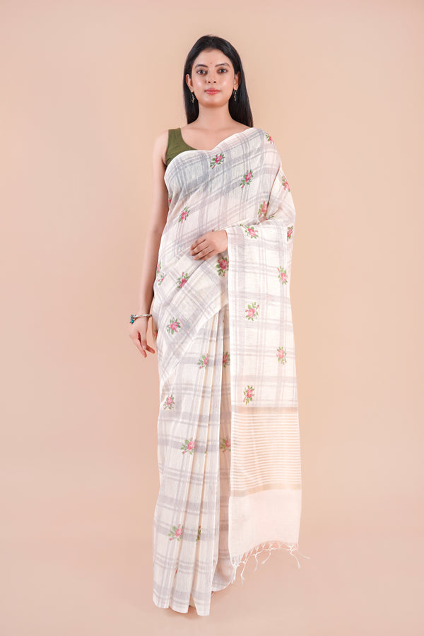 Morning Dew | White Floral Printed Khaddi LInen Saree