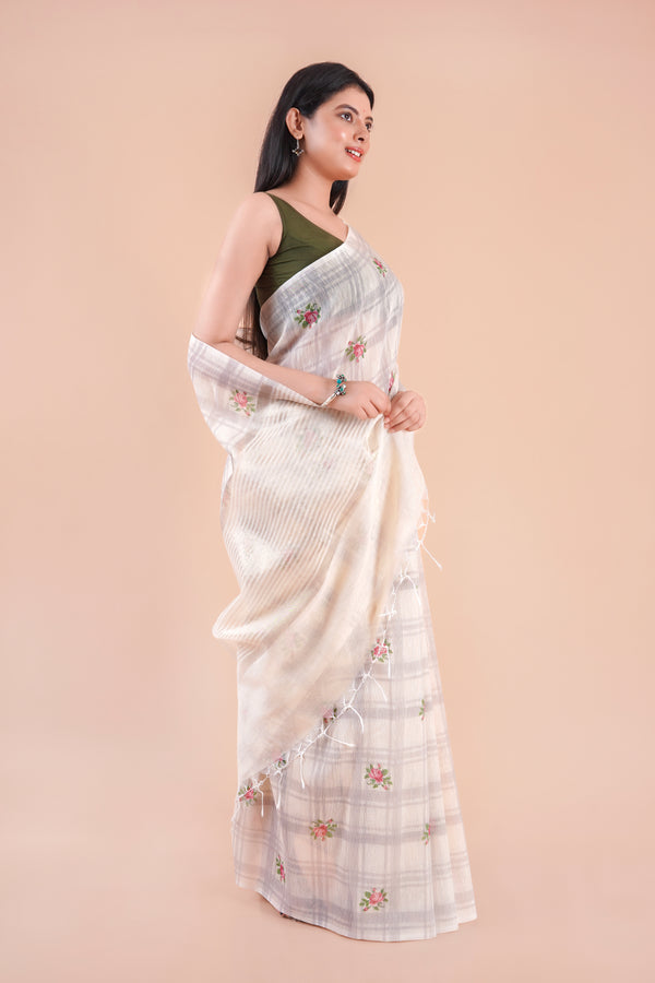 Morning Dew | White Floral Printed Khaddi LInen Saree