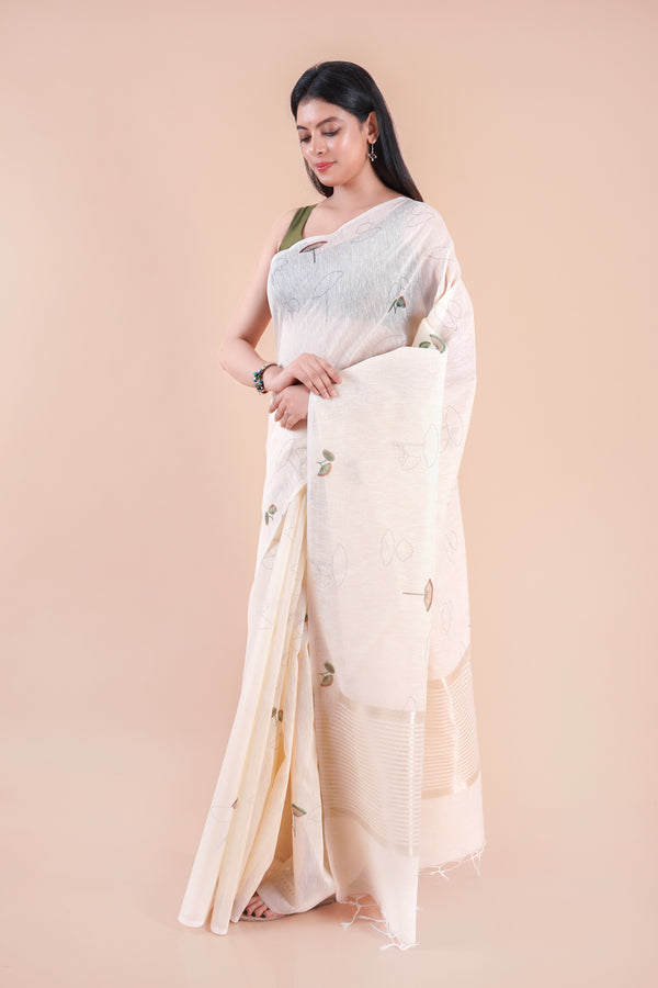 First Light | Beige Floral Printed Khaddi LInen Saree