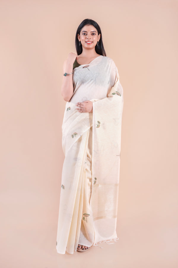 First Light | Beige Floral Printed Khaddi LInen Saree