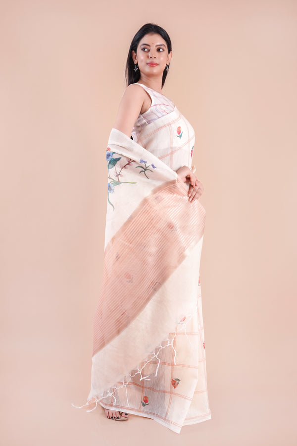 Silver Dawn | Beige Floral Printed Khaddi LInen Saree