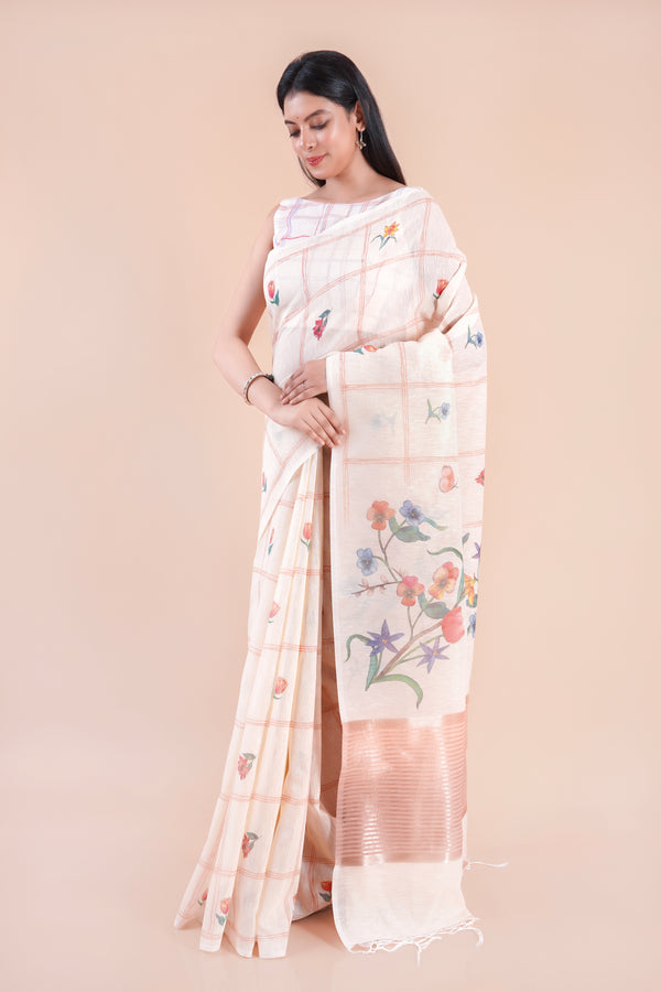 Silver Dawn | Beige Floral Printed Khaddi LInen Saree