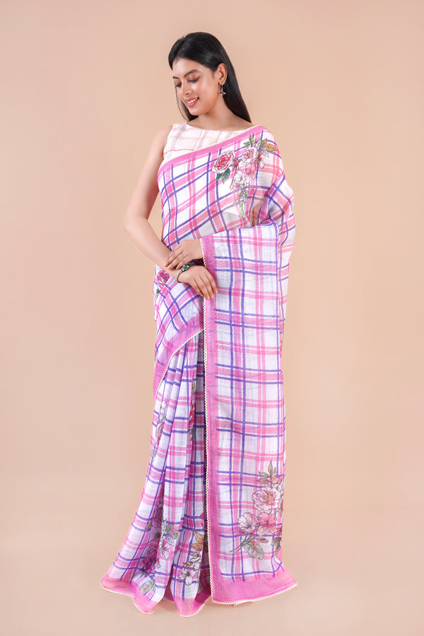 Riverstone | Pink Floral Printed Slub LInen Saree
