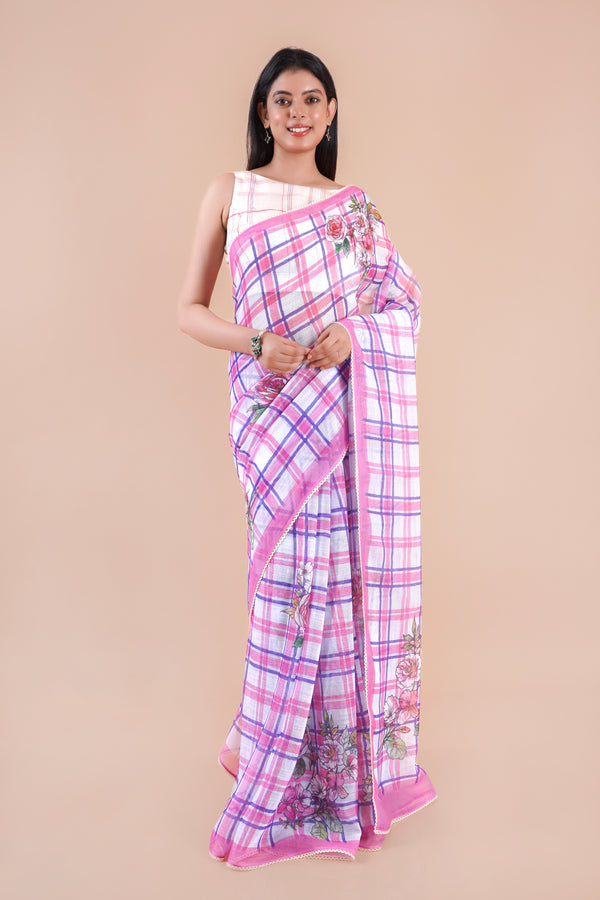 Riverstone | Pink Floral Printed Slub LInen Saree