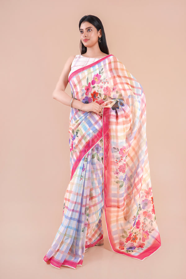 Mosswood | Multi Floral Printed Slub LInen Saree