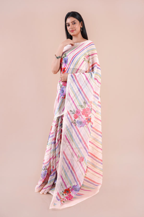 Rain Kissed | White Floral Printed Slub LInen Saree