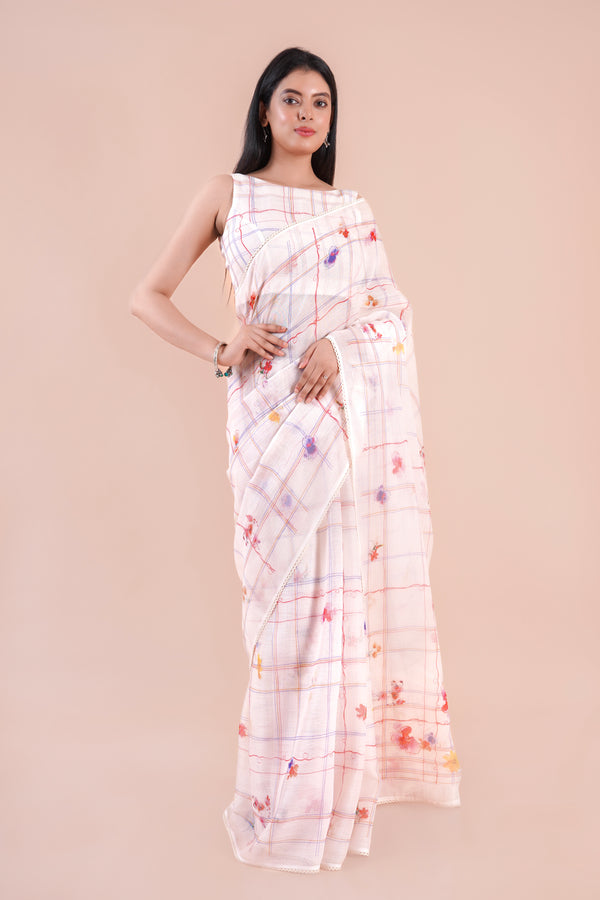 Water Lily | White Floral Printed Slub LInen Saree