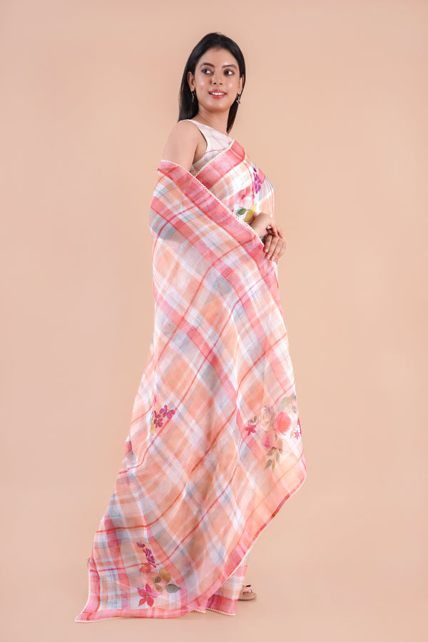 Soft Rain | Multi Floral Printed Slub LInen Saree