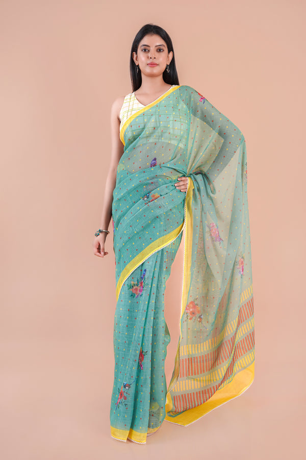 Forest Whisper | Sea green Floral Printed Slub LInen Saree