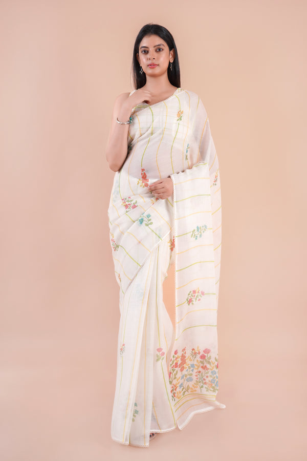 Larkmere| Off white Floral Printed Poly Linen Saree