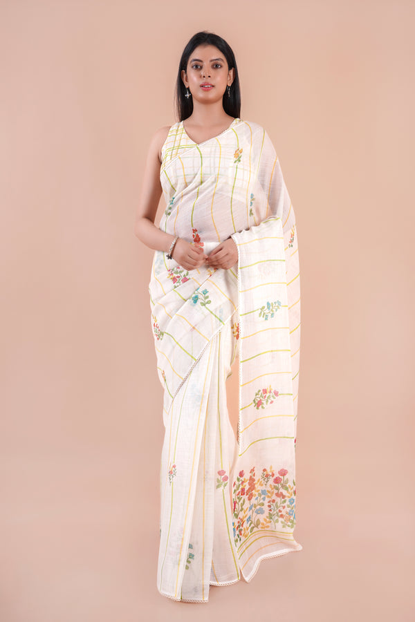 Larkmere| Off white Floral Printed Poly Linen Saree