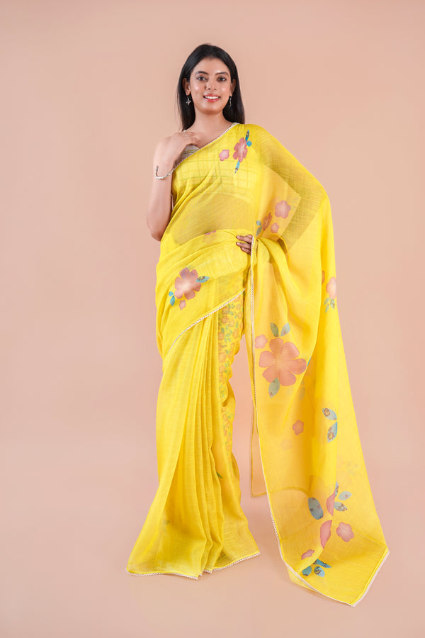 Veloura| Yellow Floral Printed Poly Linen Saree