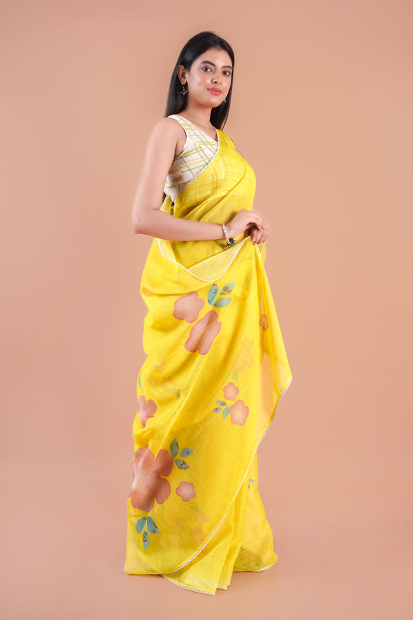 Veloura| Yellow Floral Printed Poly Linen Saree