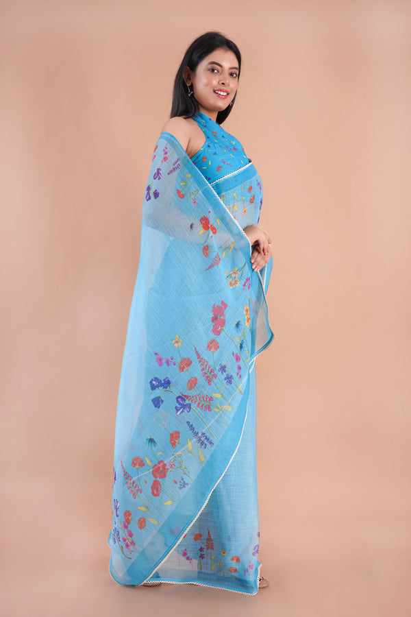 Hollow Fern| Sea blue Floral Printed Poly Linen Saree