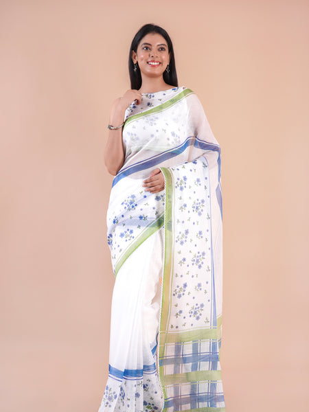 Pale Echo| White Floral Printed Poly Linen Saree