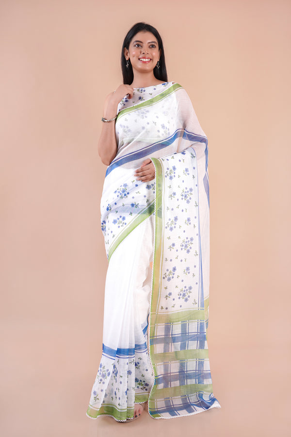 Pale Echo| White Floral Printed Poly Linen Saree