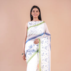 Pale Echo| White Floral Printed Poly Linen Saree