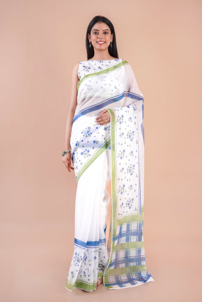 Pale Echo| White Floral Printed Poly Linen Saree