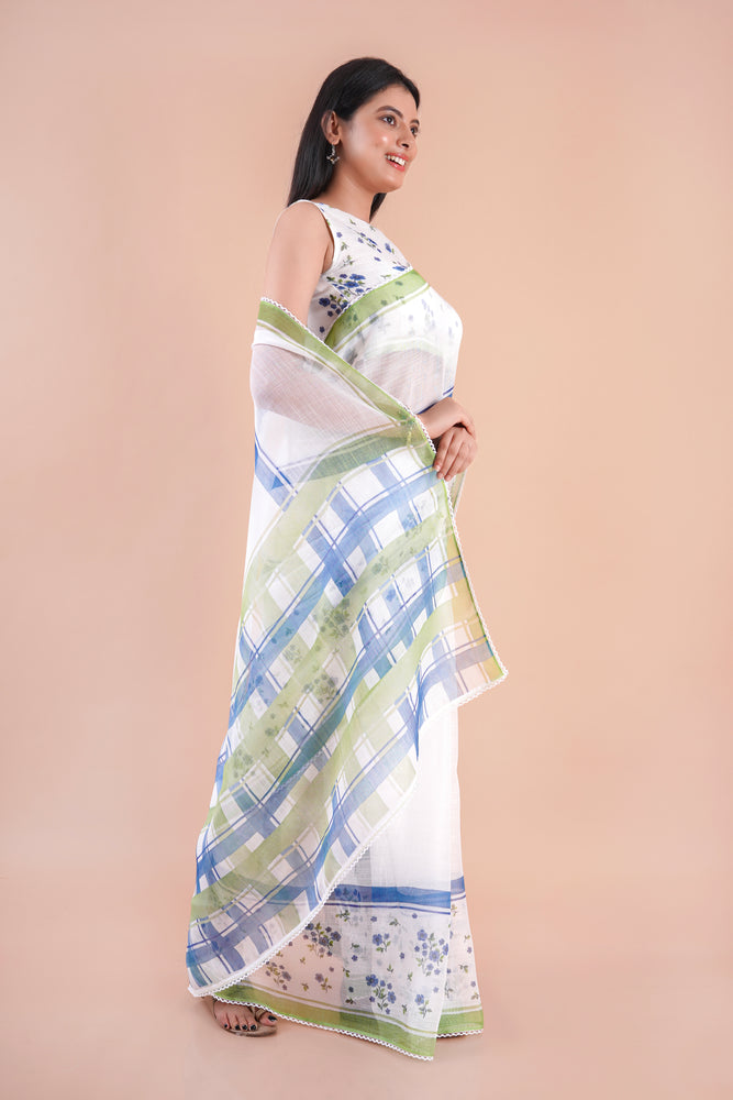 Pale Echo| White Floral Printed Poly Linen Saree
