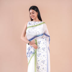 Pale Echo| White Floral Printed Poly Linen Saree