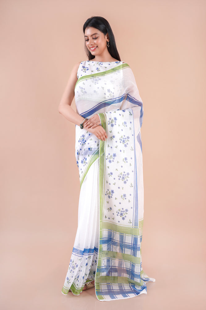 Pale Echo| White Floral Printed Poly Linen Saree