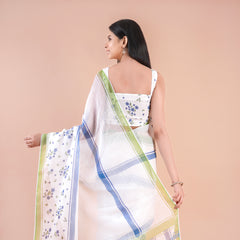 Pale Echo| White Floral Printed Poly Linen Saree