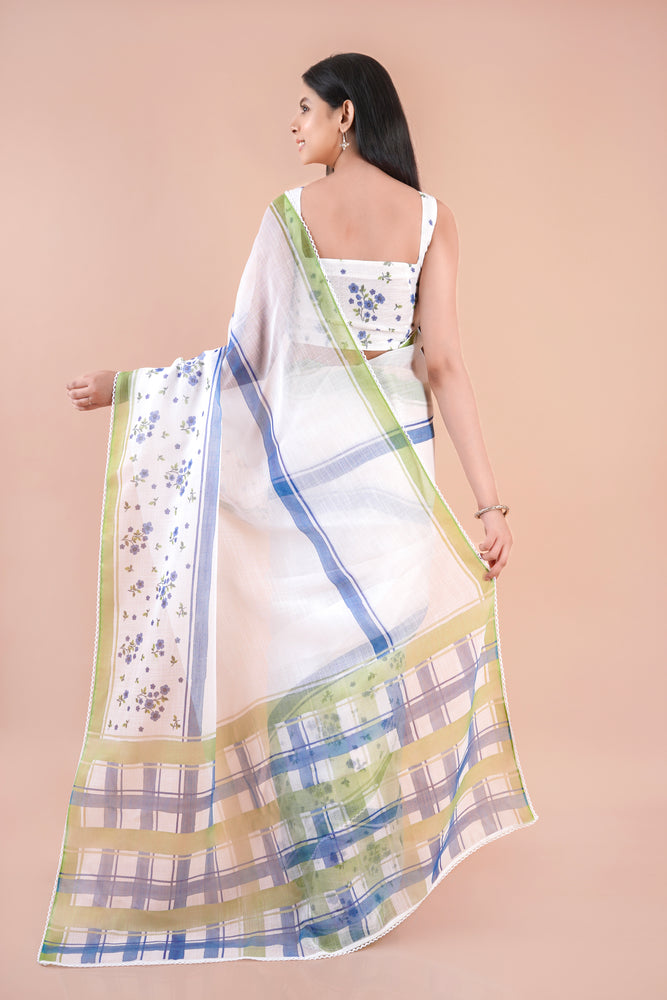 Pale Echo| White Floral Printed Poly Linen Saree