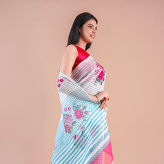 Lunora| Blue Floral Printed Poly Linen Saree