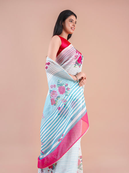 Lunora| Blue Floral Printed Poly Linen Saree