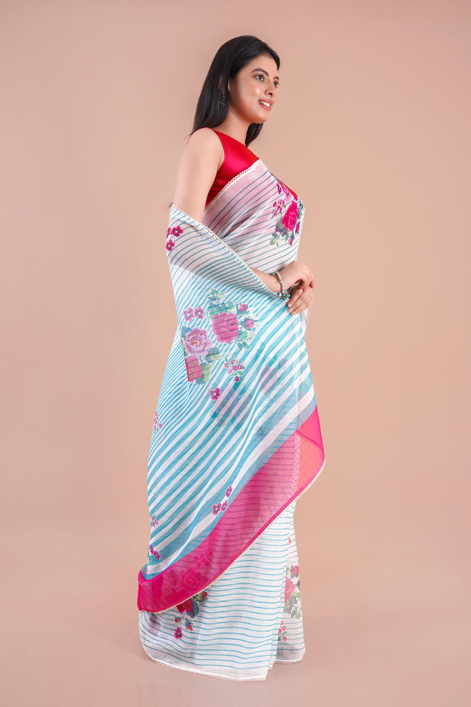 Lunora| Blue Floral Printed Poly Linen Saree