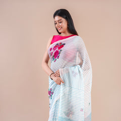 Lunora| Blue Floral Printed Poly Linen Saree